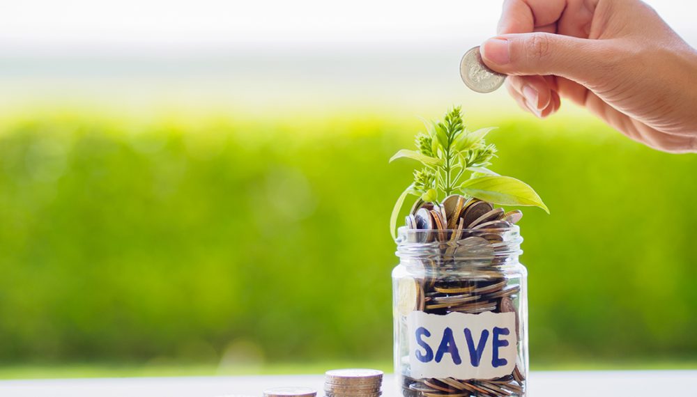 abstract money saving small baby tree with glass jar Coins with stack coins on table with green tree background